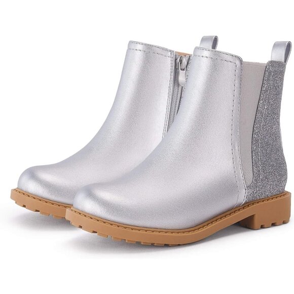 Girls Glitter Silver Ankle Boots Side Zipper Comfortable Chelsea Dress Booties - Picture 1 of 5